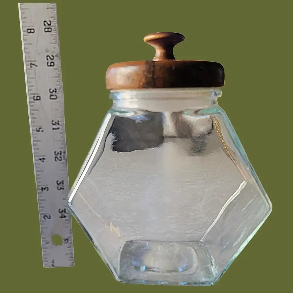 Vintage 1970s Libbey of Canada Hexagon Glass Storage Jar with Wood Lid